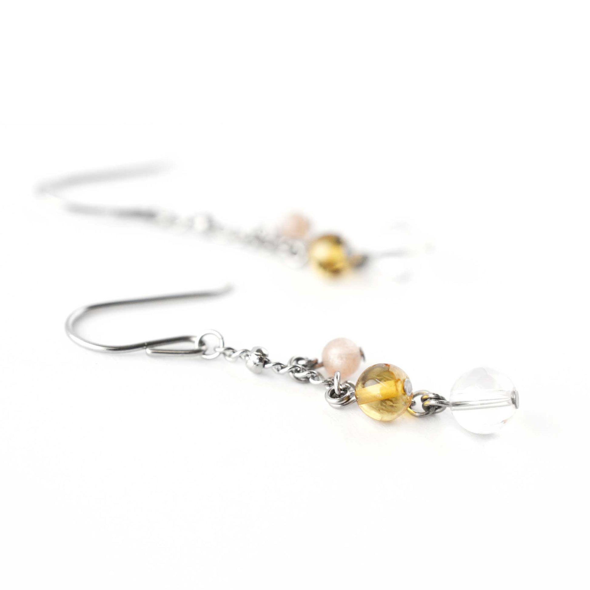 Close up of drop earring with Sunstone, Citrine & Rock Crystal gemstone beads