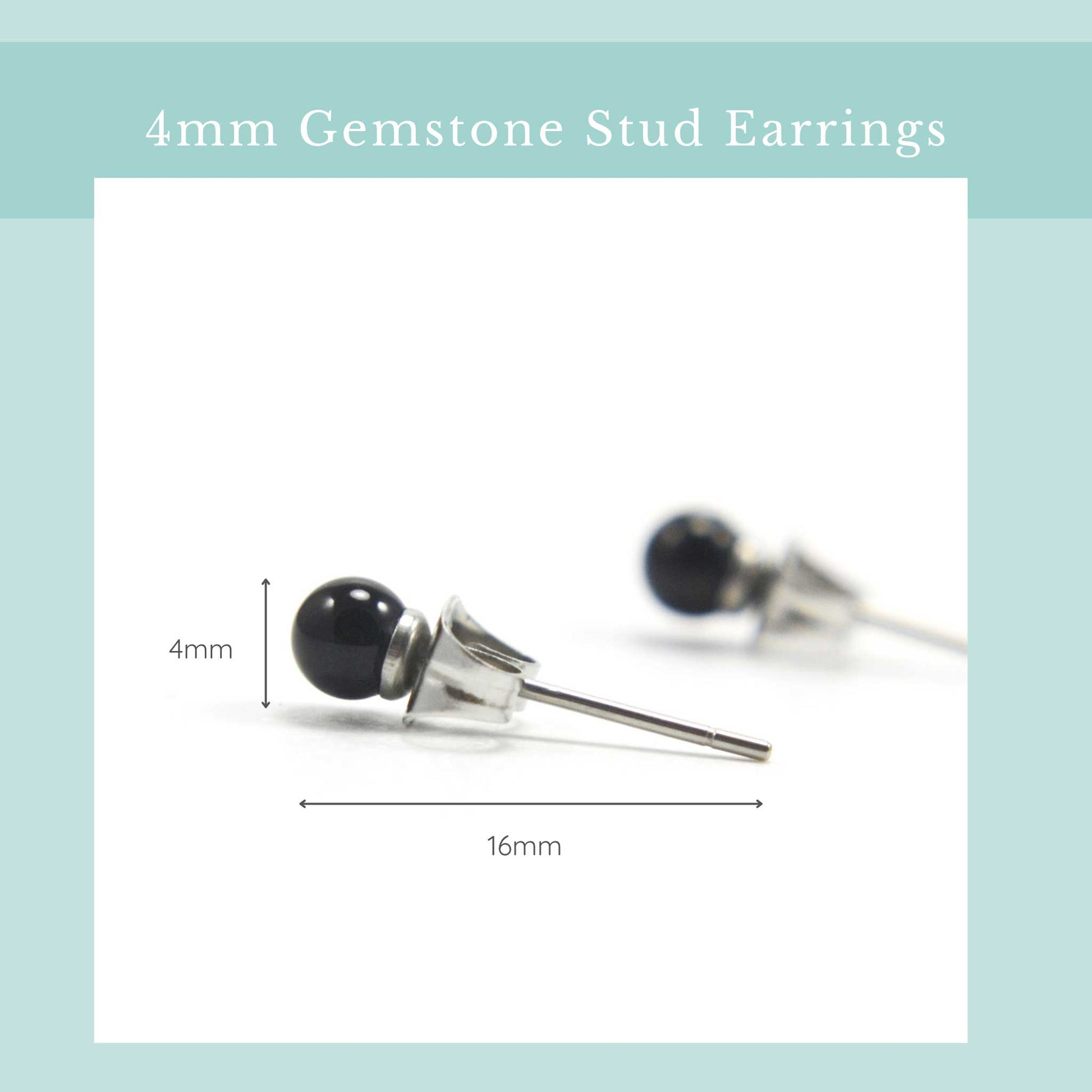 4mm Onyx stud earring size graphic. Width 4mm, length 16mm.