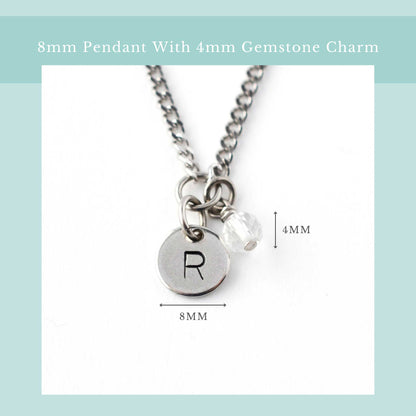 Size guide for initial birthstone necklace with 8mm steel disc pendant and 4mm tiny gemstone charm