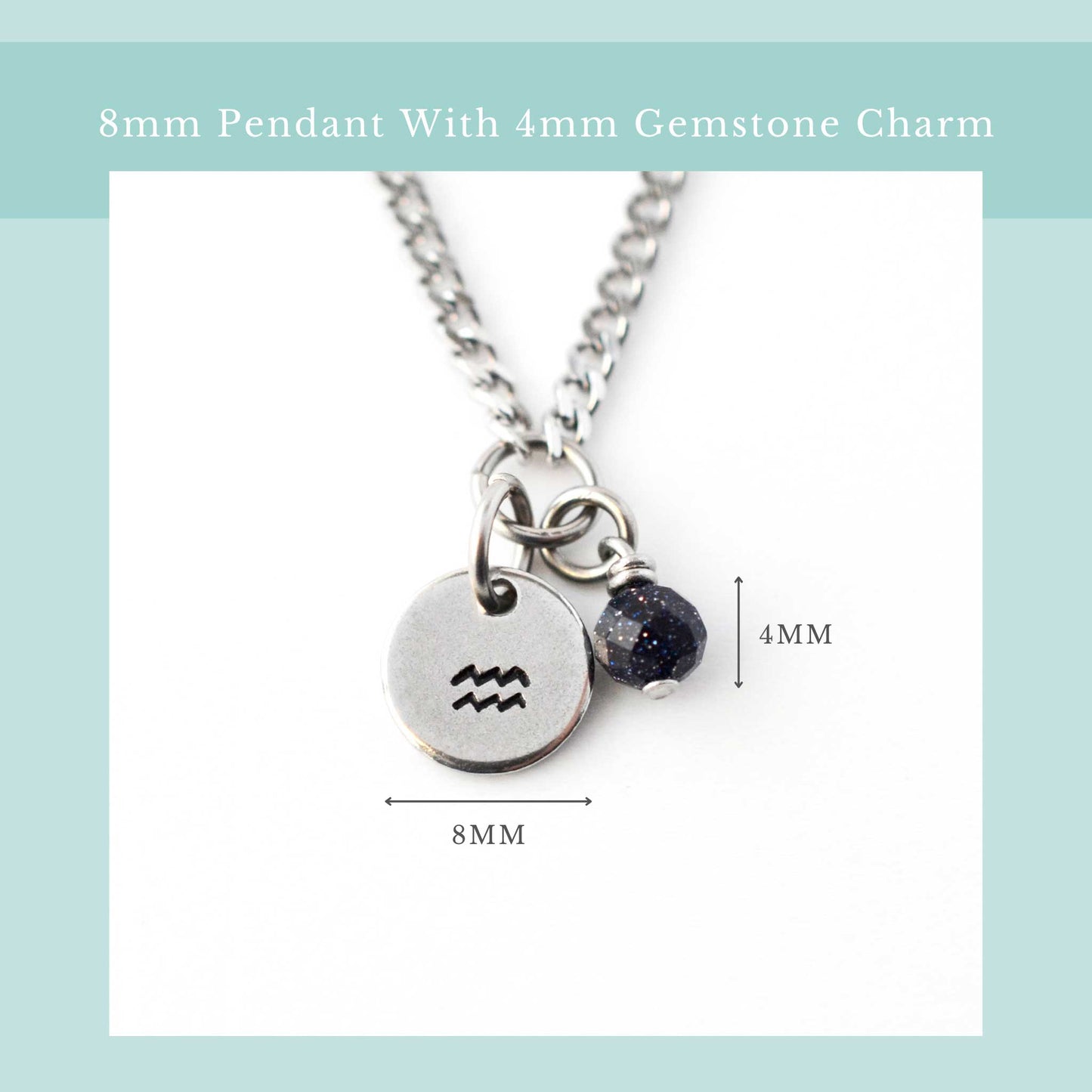 Zodiac necklace size guide graphic showing 8mm wide pendant and 4mm wide gemstone