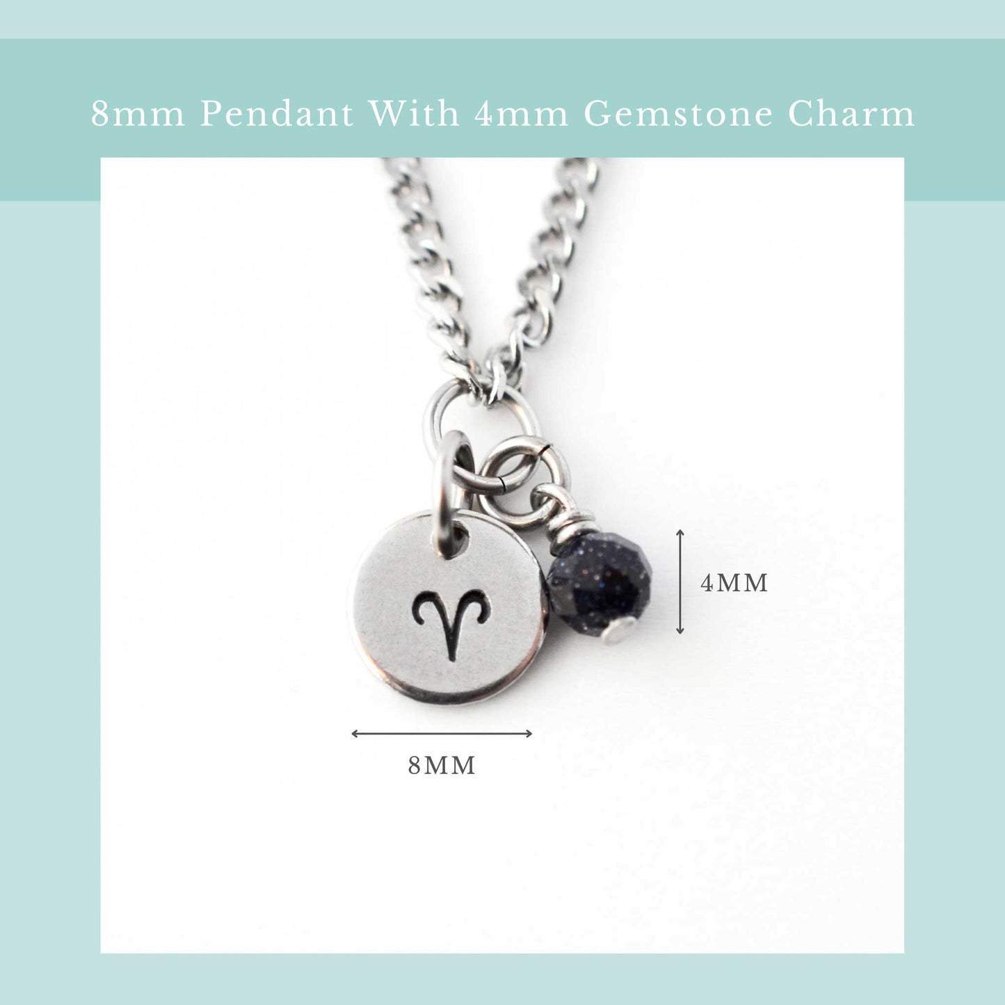 Zodiac necklace size guide graphic showing 8mm wide pendant and 4mm wide gemstone