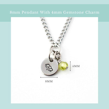 Size guide for dainty birthflower necklace with 8mm stainless steel disc pendant and tiny 4mm gemstone charm