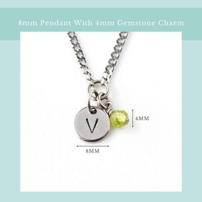 Size guide for initial birthstone necklace with 8mm steel disc pendant and 4mm tiny gemstone charm