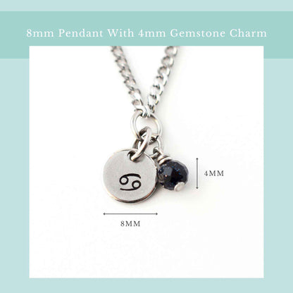 Zodiac necklace size guide graphic showing 8mm wide pendant and 4mm wide gemstone
