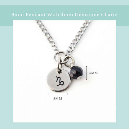 Zodiac necklace size guide graphic showing 8mm wide pendant and 4mm wide gemstone