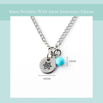 Size guide for dainty birthflower necklace with 8mm stainless steel disc pendant and tiny 4mm gemstone charm