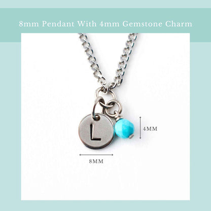 Size guide for initial birthstone necklace with 8mm steel disc pendant and 4mm tiny gemstone charm