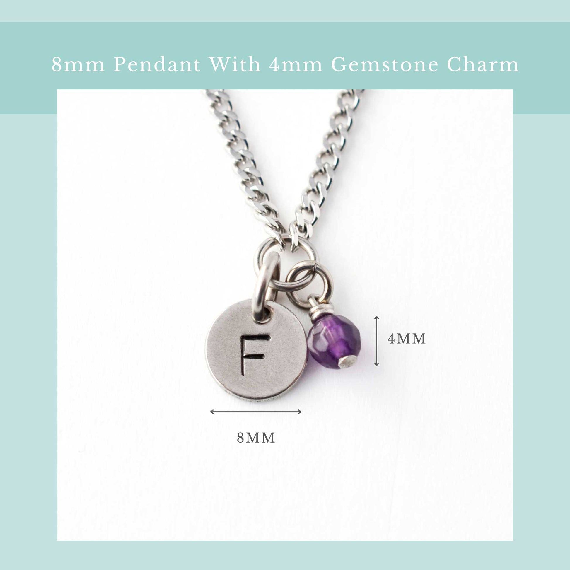 Size guide for initial birthstone necklace with 8mm steel disc pendant and 4mm tiny gemstone charm