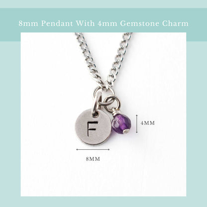 Size guide for initial birthstone necklace with 8mm steel disc pendant and 4mm tiny gemstone charm