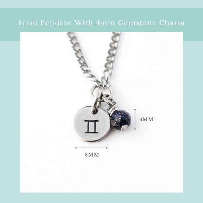 Zodiac necklace size guide graphic showing 8mm wide pendant and 4mm wide gemstone