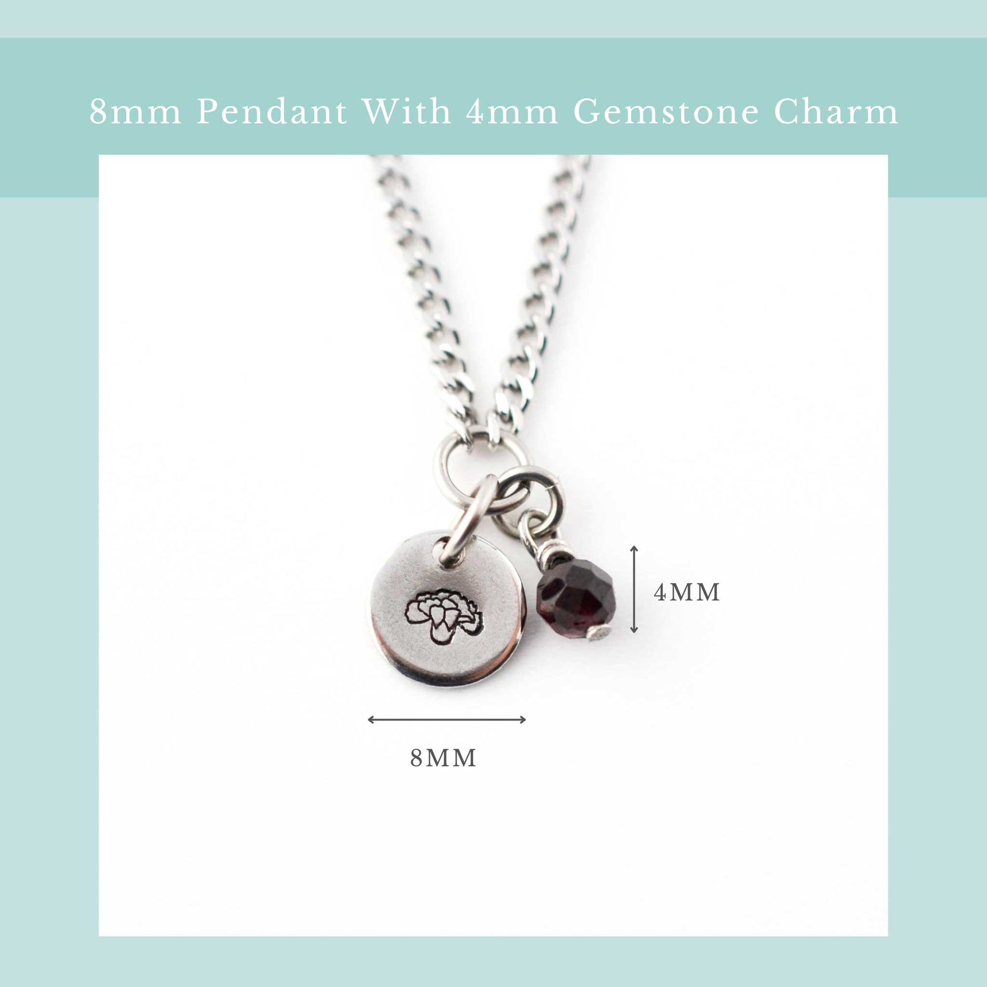 Size guide for dainty birthflower necklace with 8mm stainless steel disc pendant and tiny 4mm gemstone charm