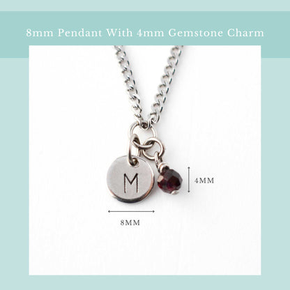 Size guide for initial birthstone necklace with 8mm steel disc pendant and 4mm tiny gemstone charm