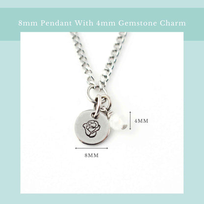 Size guide for dainty birthflower necklace with 8mm stainless steel disc pendant and tiny 4mm gemstone charm