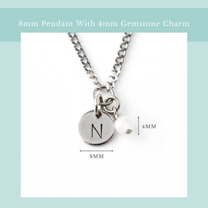 Size guide for initial birthstone necklace with 8mm steel disc pendant and 4mm tiny gemstone charm