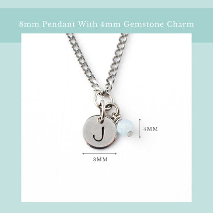 Size guide for initial birthstone necklace with 8mm steel disc pendant and 4mm tiny gemstone charm