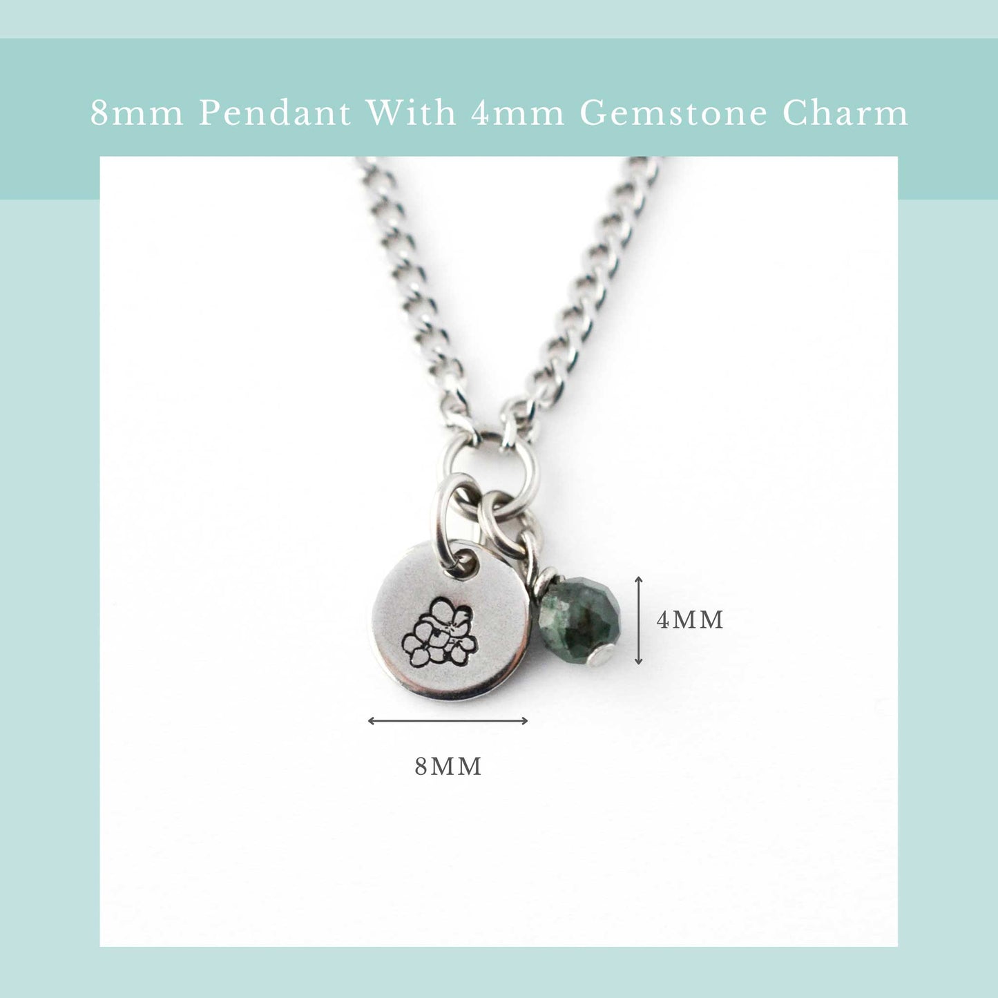 Size guide for dainty birthflower necklace with 8mm stainless steel disc pendant and tiny 4mm gemstone charm