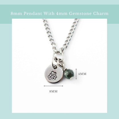 Size guide for dainty birthflower necklace with 8mm stainless steel disc pendant and tiny 4mm gemstone charm
