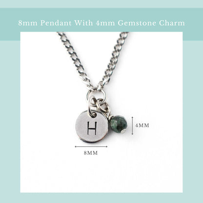 Size guide for initial birthstone necklace with 8mm steel disc pendant and 4mm tiny gemstone charm