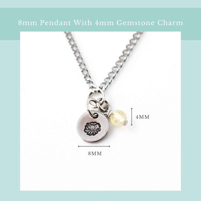 Size guide for dainty birthflower necklace with 8mm stainless steel disc pendant and tiny 4mm gemstone charm