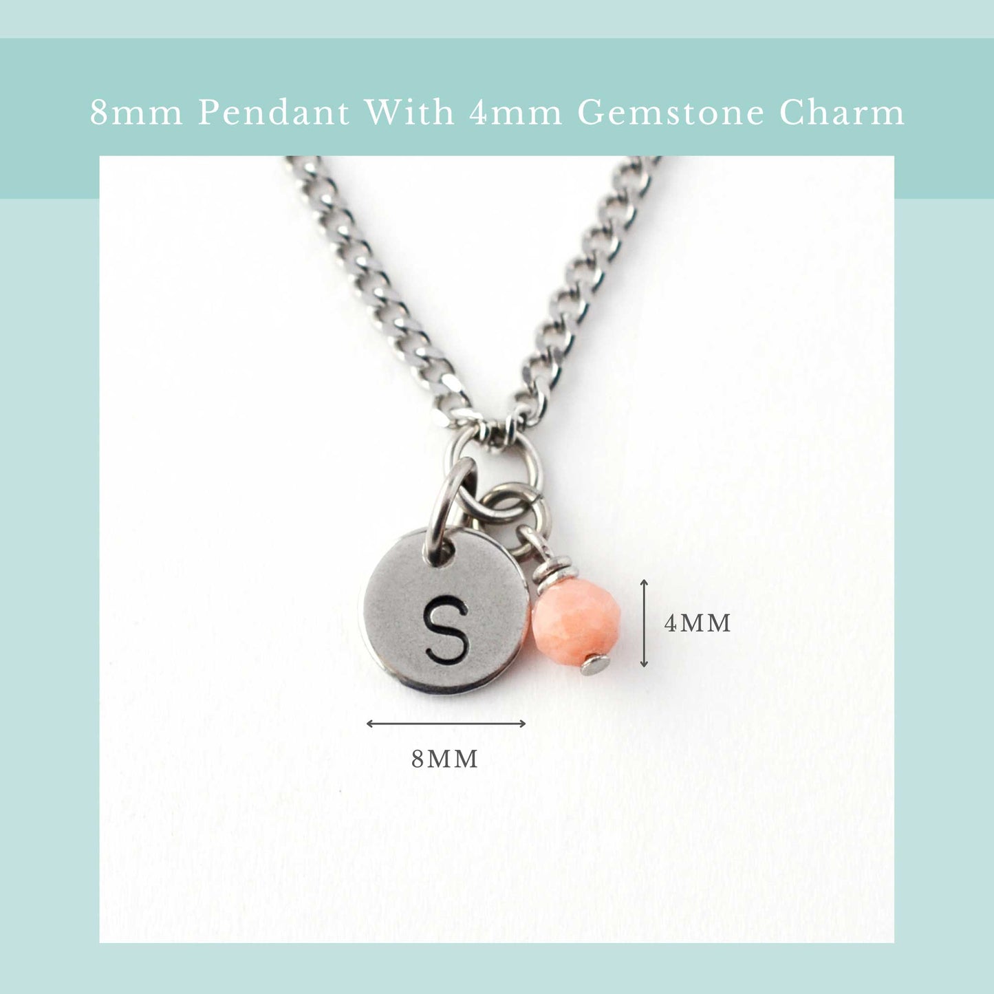 Size guide for initial birthstone necklace with 8mm steel disc pendant and 4mm tiny gemstone charm