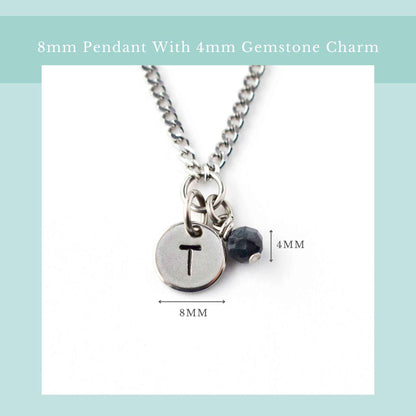 Size guide for initial birthstone necklace with 8mm steel disc pendant and 4mm tiny gemstone charm