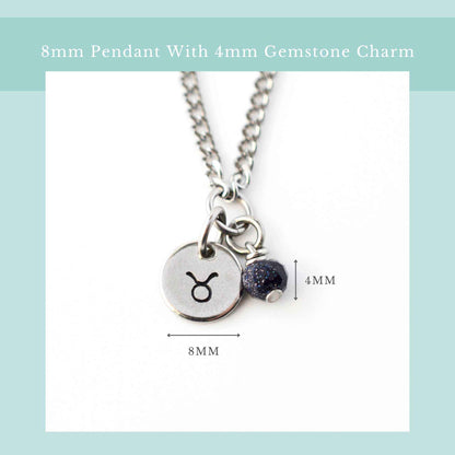 Zodiac necklace size guide graphic showing 8mm wide pendant and 4mm wide gemstone