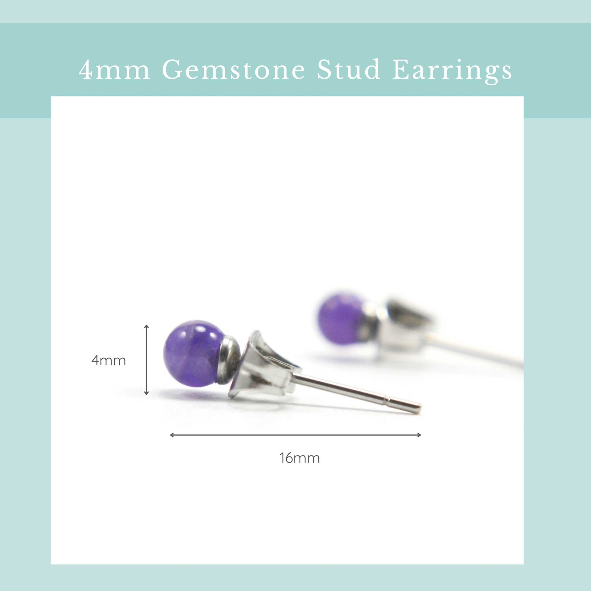 4mm Amethyst stud earring size guide graphic. Width 4mm, length 16mm.