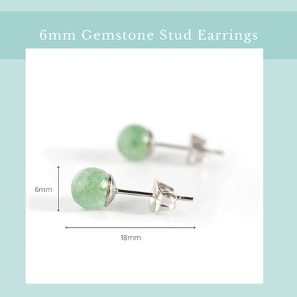 Size guide graphic for green aventurine stud earrings. Width 6mm, length 18mm.