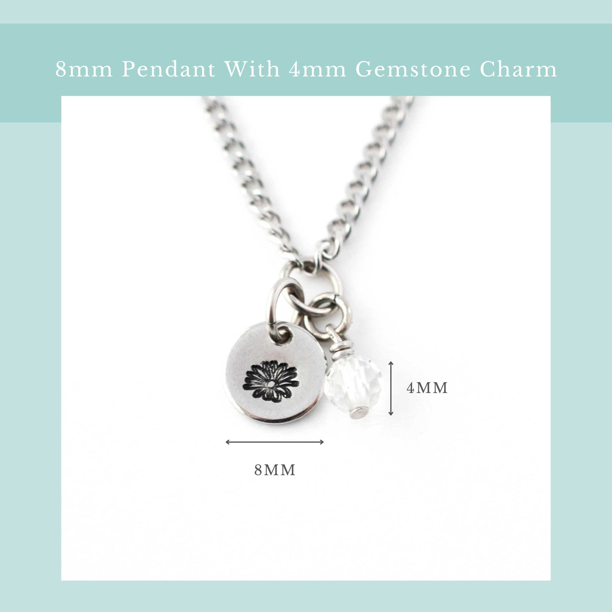 Size guide for dainty birthflower necklace with 8mm stainless steel disc pendant and tiny 4mm gemstone charm