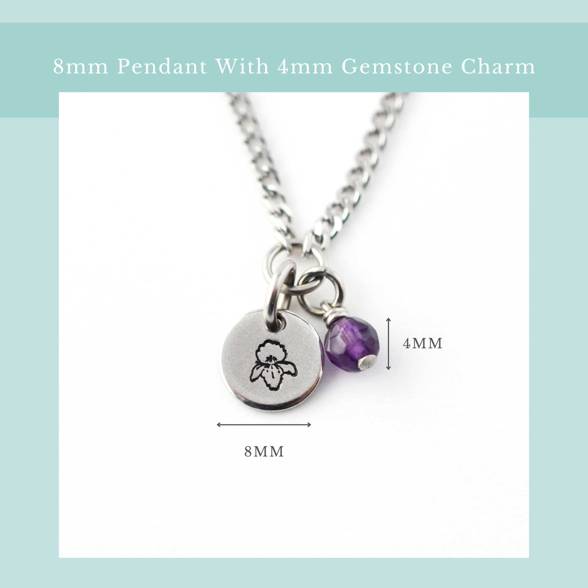 Size guide for dainty birthflower necklace with 8mm stainless steel disc pendant and tiny 4mm gemstone charm