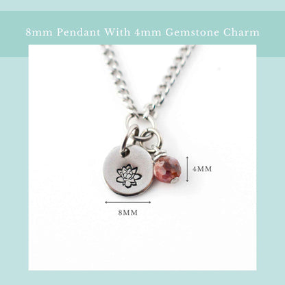 Size guide for dainty birthflower necklace with 8mm stainless steel disc pendant and tiny 4mm gemstone charm