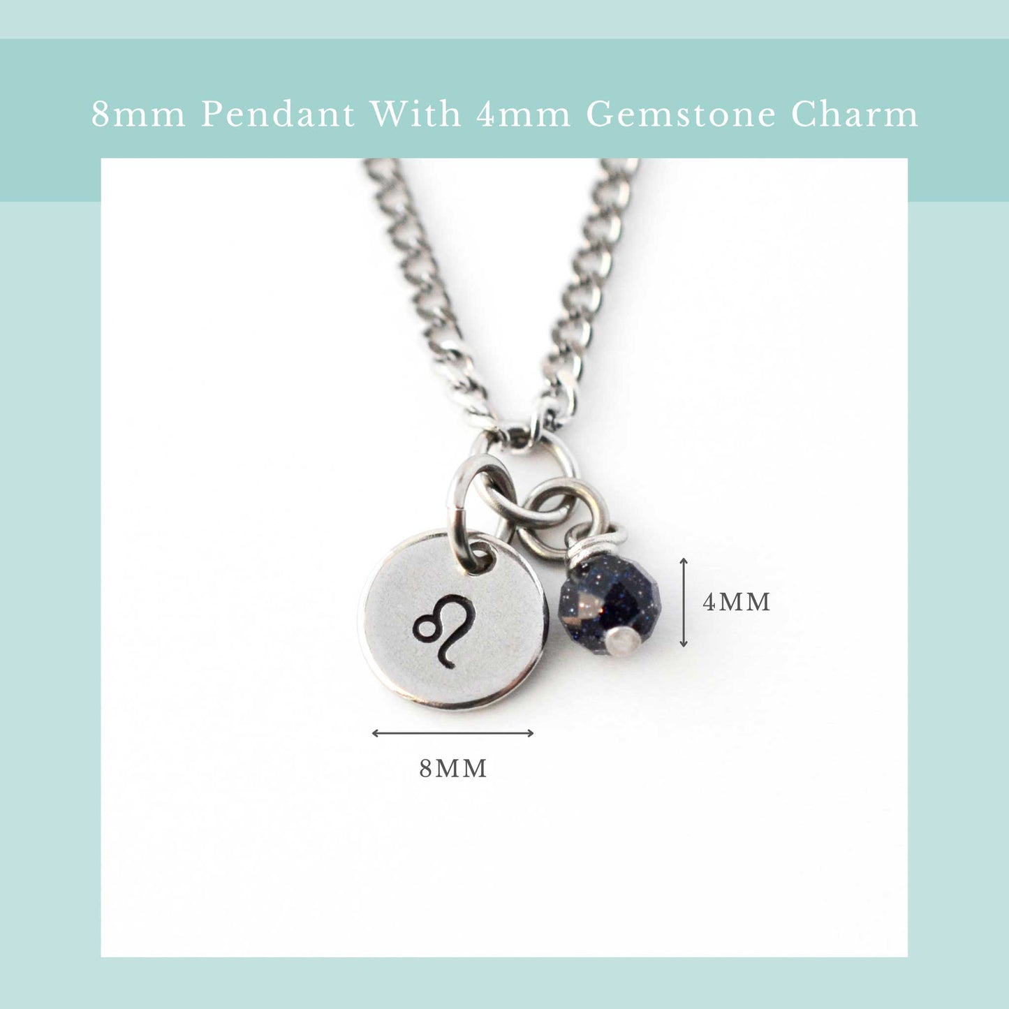 Zodiac necklace size guide graphic showing 8mm wide pendant and 4mm wide gemstone