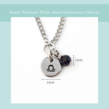 Zodiac necklace size guide graphic showing 8mm wide pendant and 4mm wide gemstone