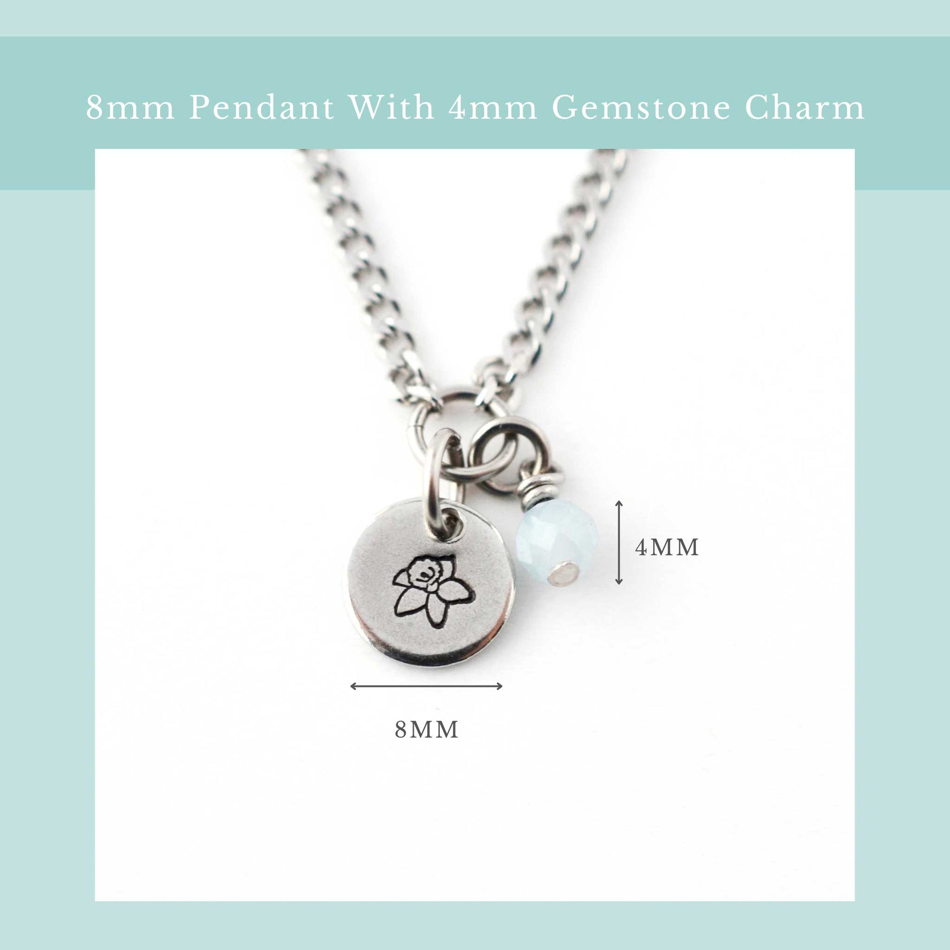 Size guide for dainty birthflower necklace with 8mm stainless steel disc pendant and tiny 4mm gemstone charm