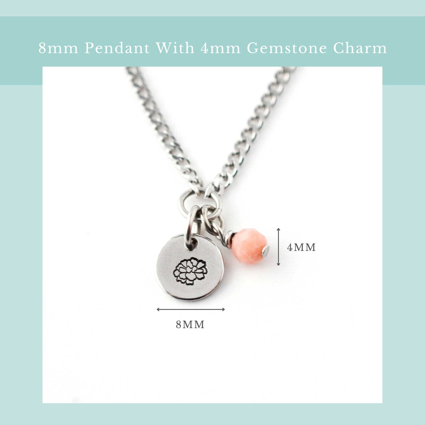 Size guide for dainty birthflower necklace with 8mm stainless steel disc pendant and tiny 4mm gemstone charm