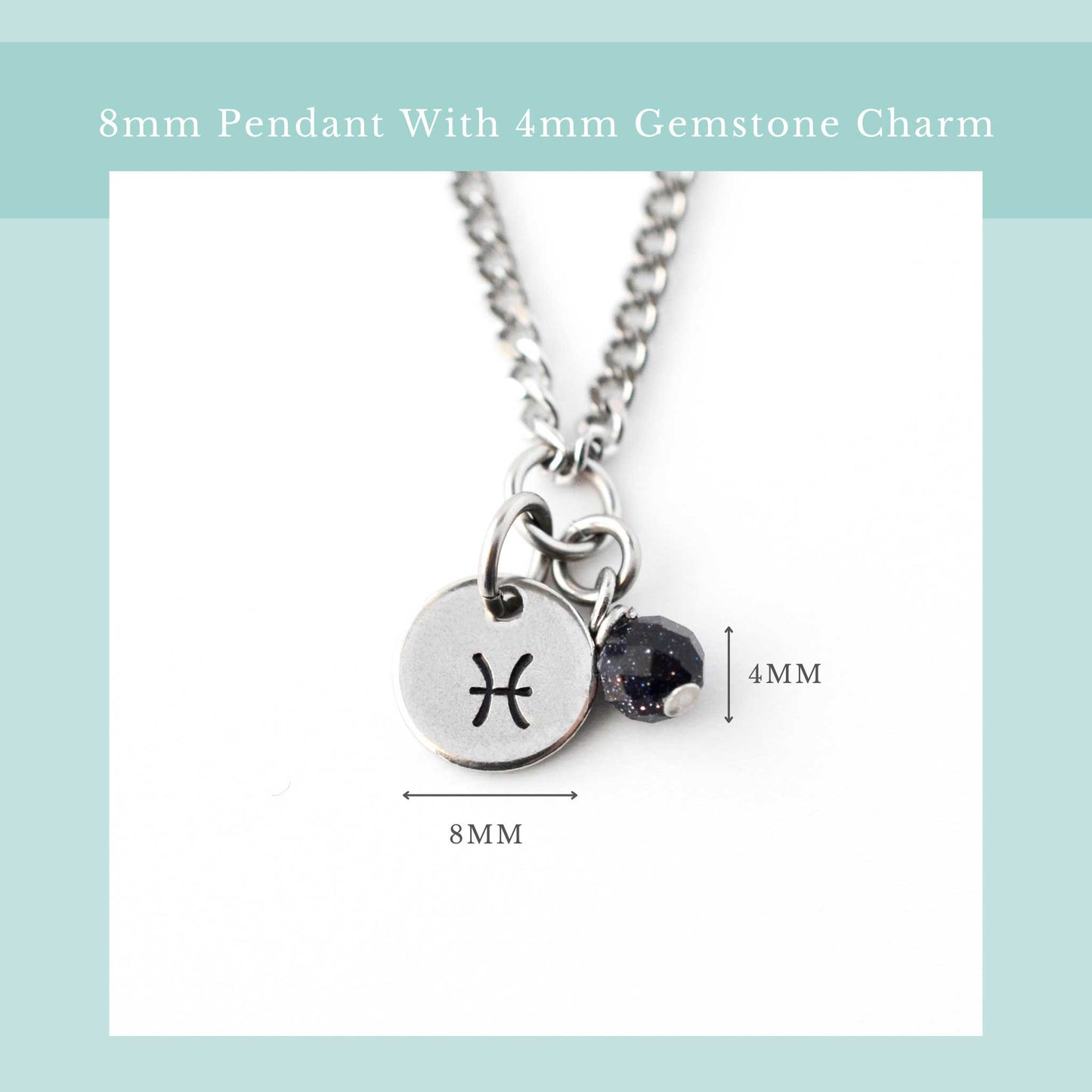 Zodiac necklace size guide graphic showing 8mm wide pendant and 4mm wide gemstone