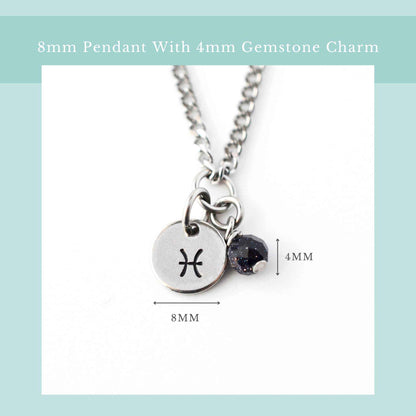 Zodiac necklace size guide graphic showing 8mm wide pendant and 4mm wide gemstone