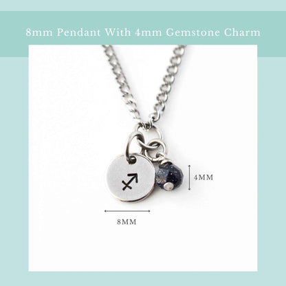 Zodiac necklace size guide graphic showing 8mm wide pendant and 4mm wide gemstone