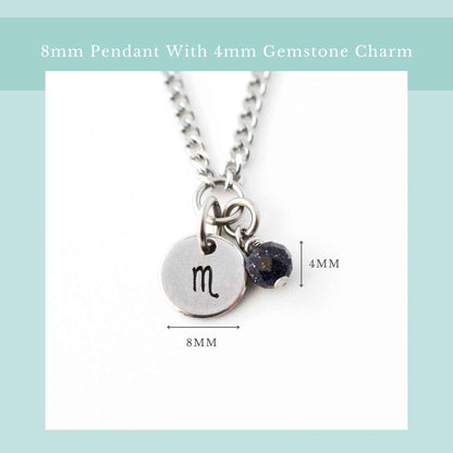Zodiac necklace size guide graphic showing 8mm wide pendant and 4mm wide gemstone