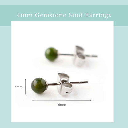 Size guide for 4mm gemstone stud earrings showing width as 4mm and length as 16mm.