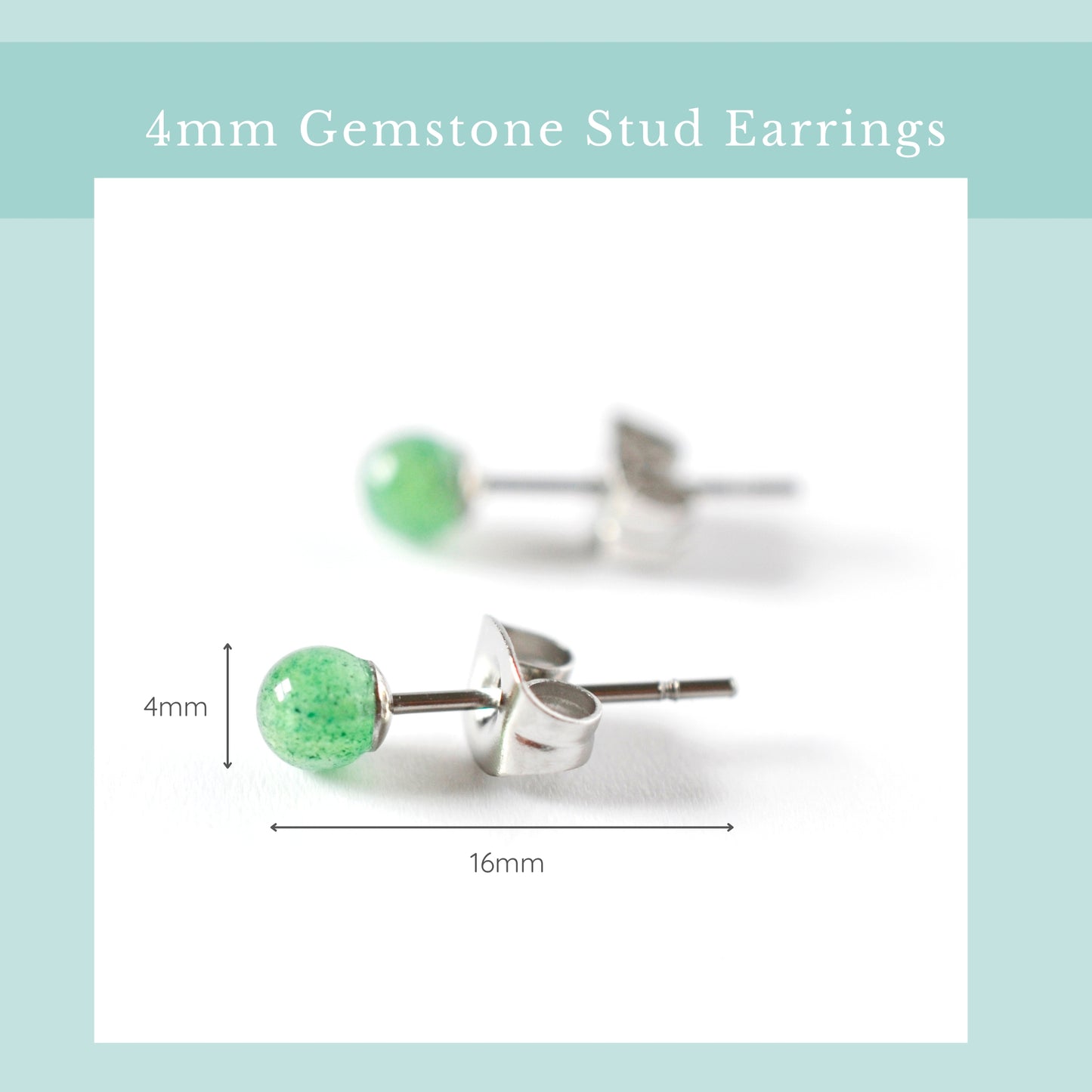 4mm gemstone stud earrings with measurements, width 4mm, length 16mm.