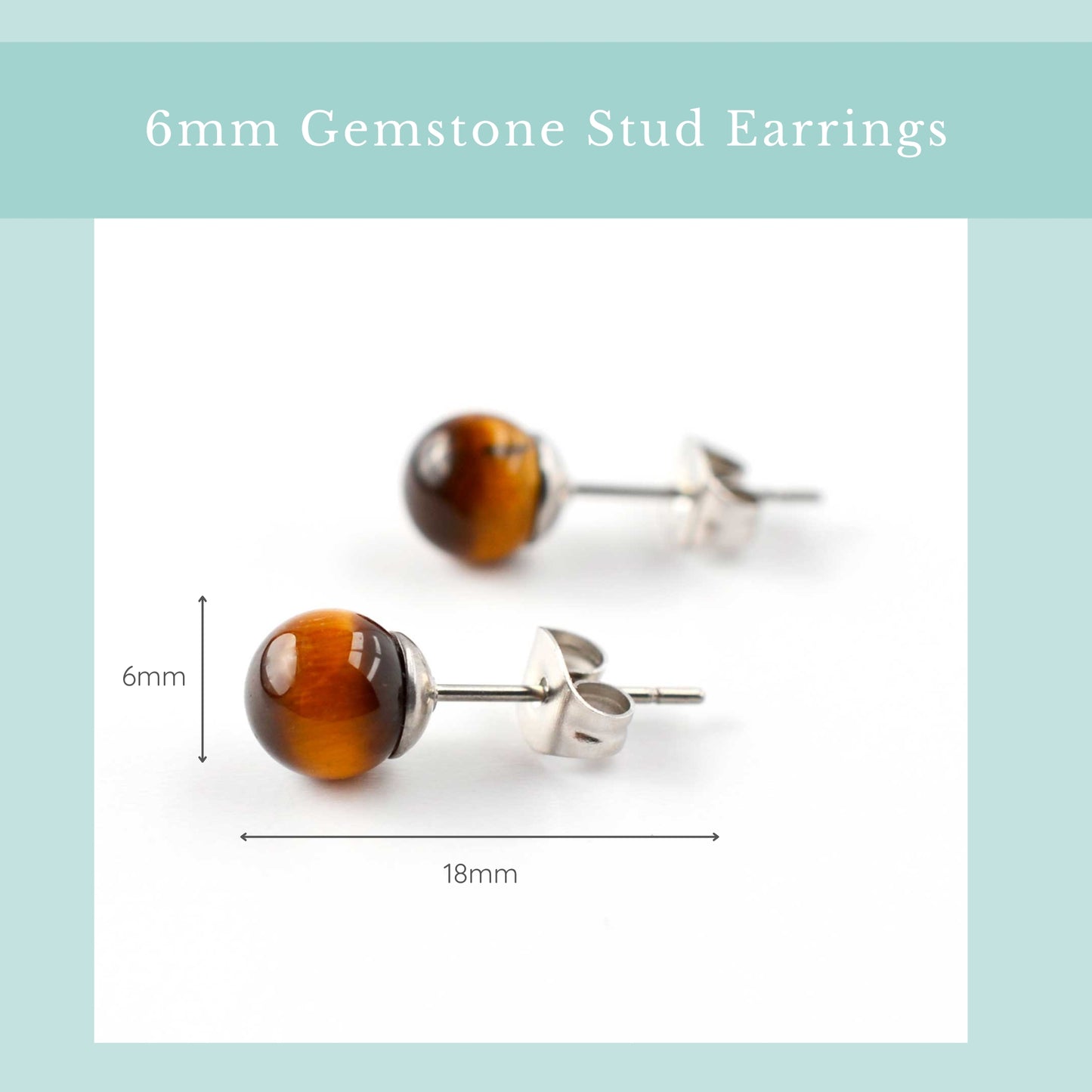 Size guide for 6mm gemstone stud earring, width 6mm, length 18mm.