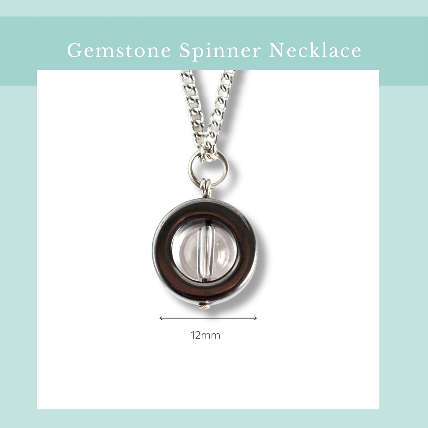 Size guide for Rock Crystal gemstone fidget pendant necklace, width 12mm.