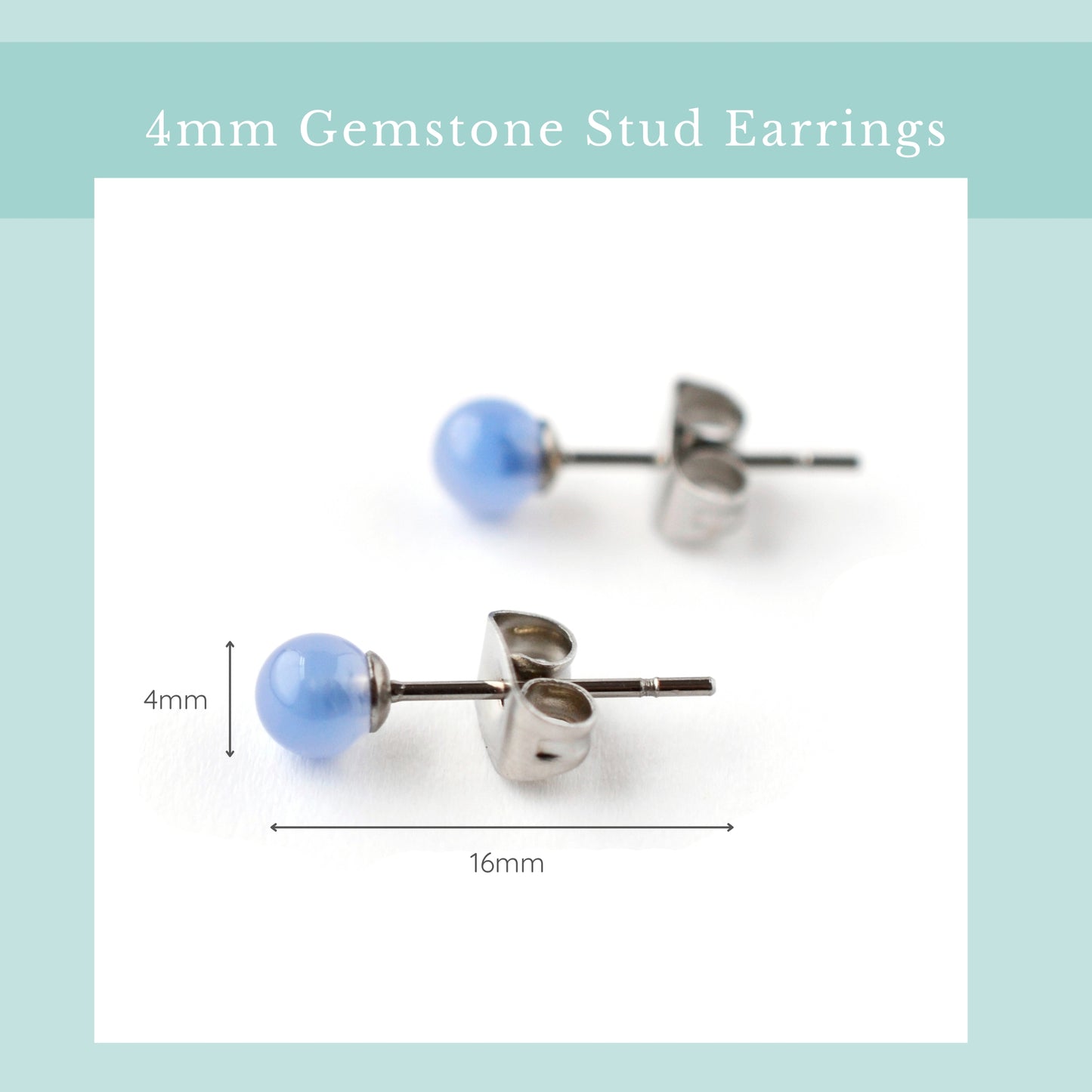Size guide 4mm blue Onyx stud earrings. Length 16mm, width 4mm.