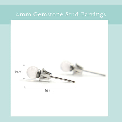 Size guide 4mm Rose Quartz stud earrings. Length 16mm, width 4mm.