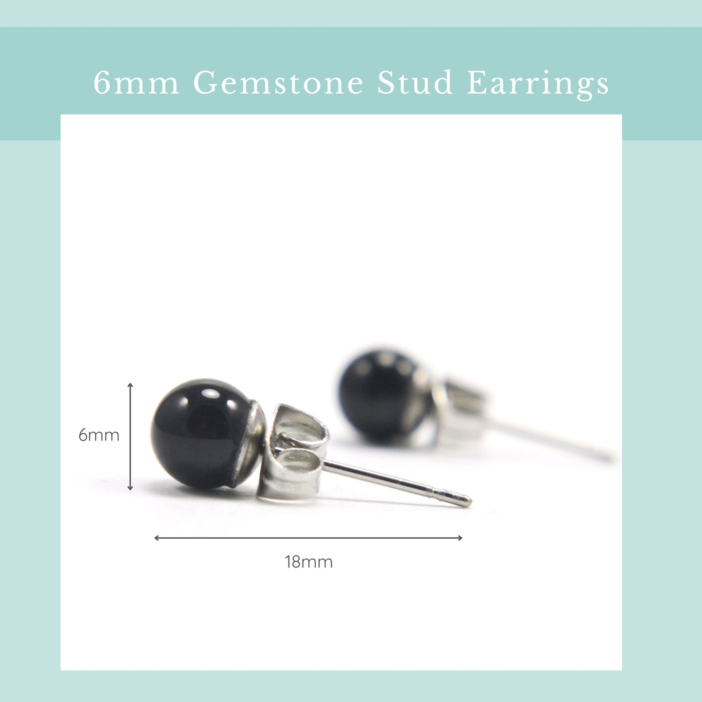 Size guide 6mm Onyx stud earrings. Length 18mm, width 6mm.