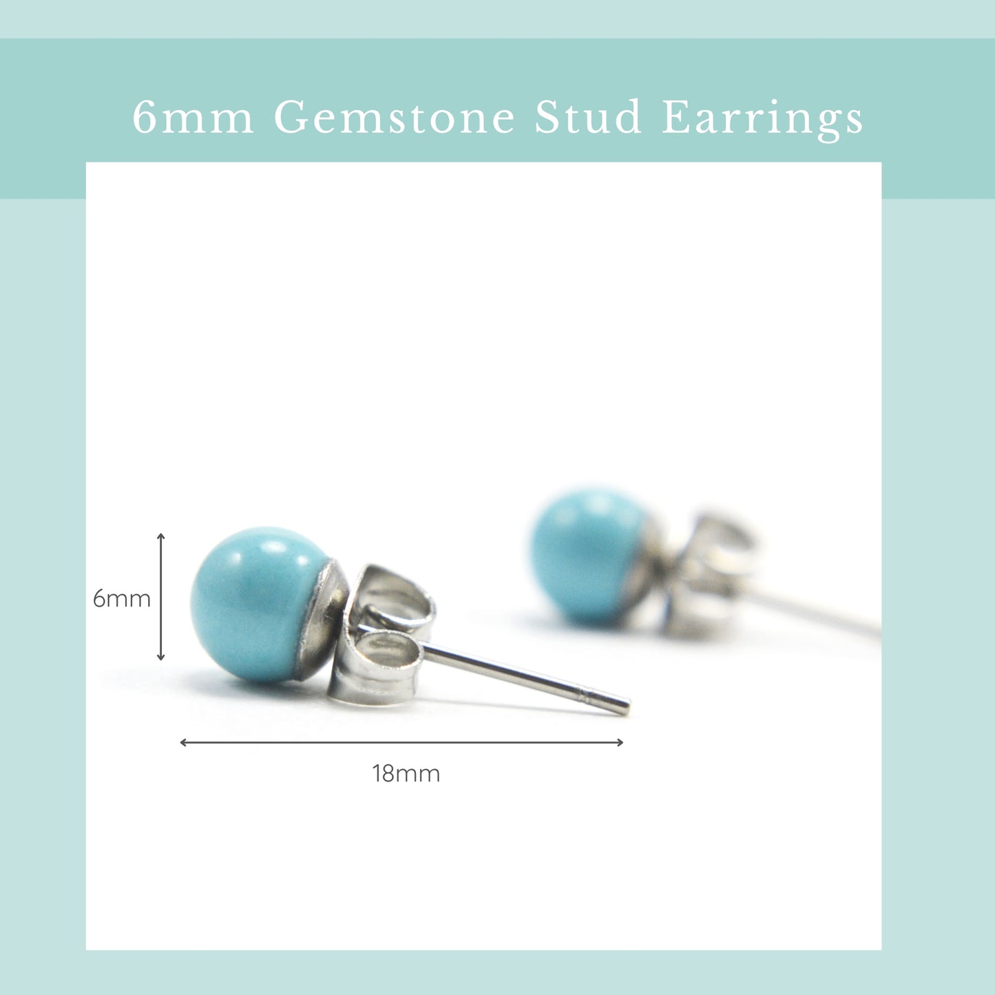 Size guide 6mm Turquoise stud earrings. Length 18mm, width 6mm.