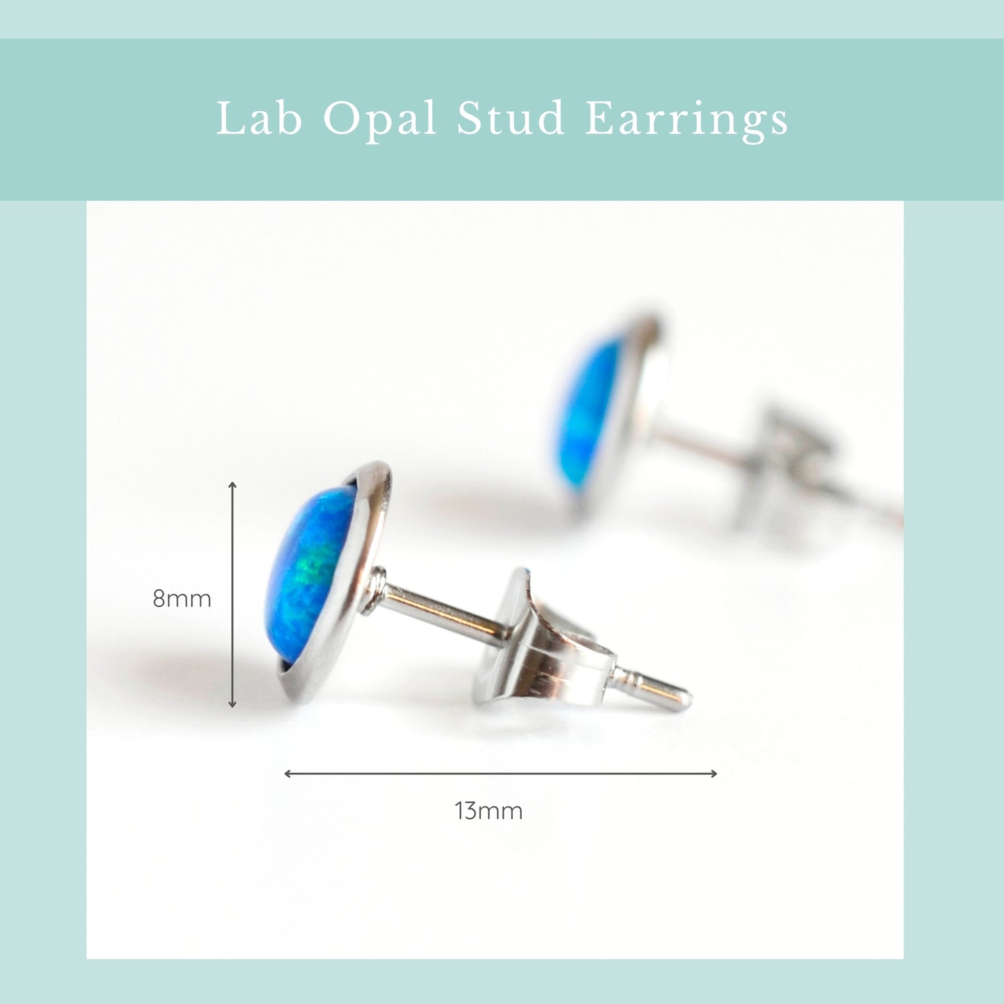 Size guide blue lab Opal studs. Width 8mm, length 13mm.