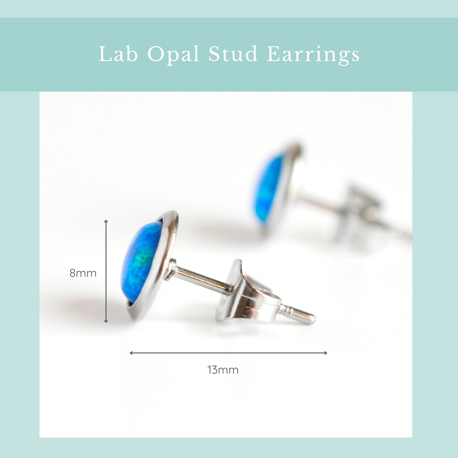Size guide blue lab Opal studs. Width 8mm, length 13mm.