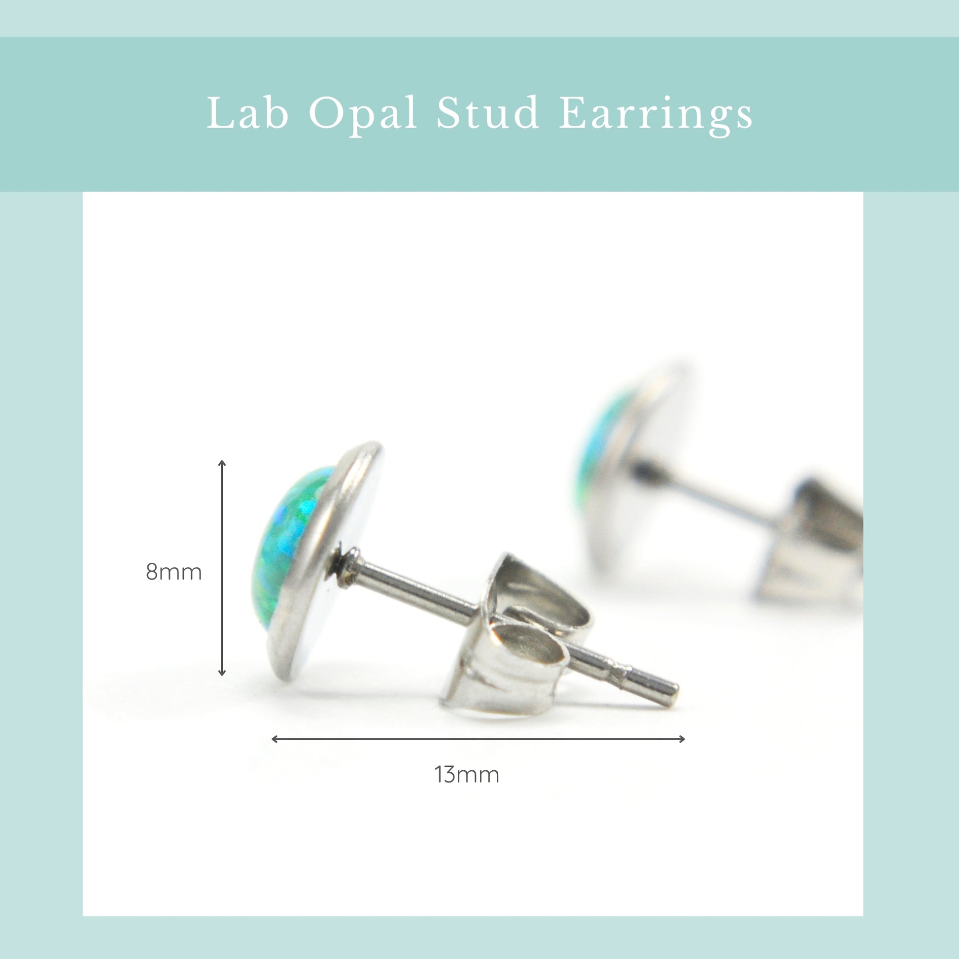 Size guide green lab Opal studs. Width 8mm, length 13mm.